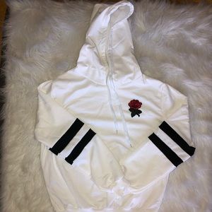 Rose Patched Striped Sleeve Drawstring Hoodie